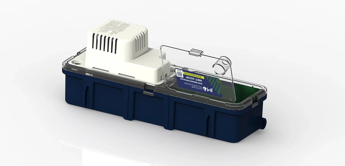 The Model NBT-400p condensate neutralizer featuring an integrated condensate pump within a dark blue housing, capable of processing up to 3 gallons per hour of condensate.