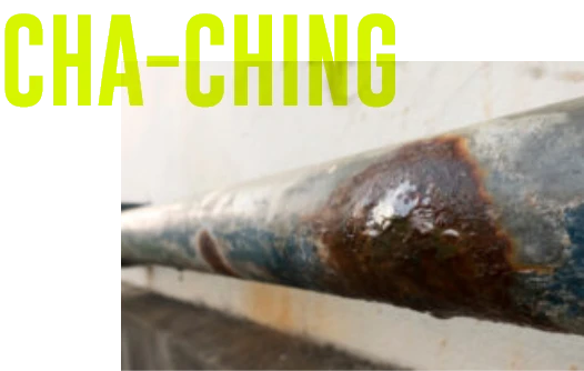 Corroded piping caused by untreated acidic condensate without a condensate neutralizer.